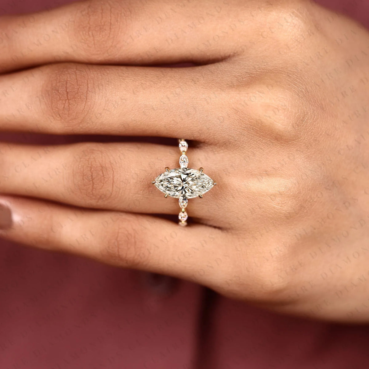 marquise cut lab grown diamond engagement ring | floral inspired diamond side stone ring | yellow gold bridal ring | elegant nature inspired wedding jewelry