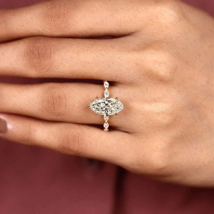 Marquise Cut Lab Grown Diamond Engagement Ring | Floral Inspired Diamond Side Stone Ring | Yellow Gold Bridal Ring | Elegant Nature Inspired Wedding Jewelry
