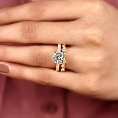 Round Cut Moissanite Diamond Engagement Ring Set | Yellow Gold Bezel Accent Wedding Band | Modern Two-Tone Bridal Ring Set