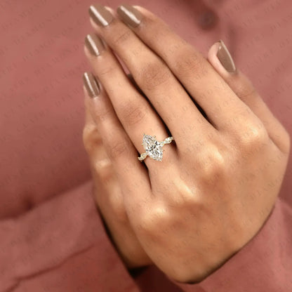 Vintage-Inspired Marquise Cut Lab Grown Diamond Engagement Ring in Gold – Twisted Pavé Band Solitaire Ring