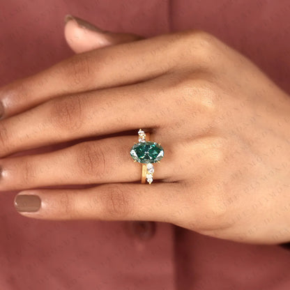 Green Oval Cut Lab Grown Diamond Ring with Marquise Side Stones, Nature Inspired Gold Engagement Ring for Women