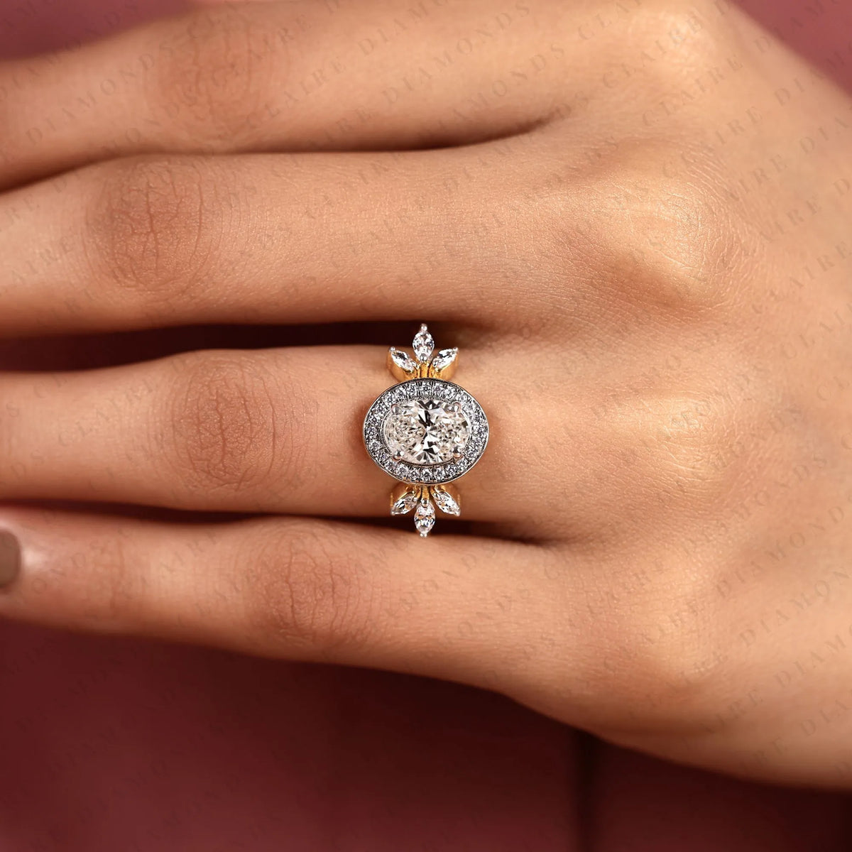 oval cut lab grown diamond halo engagement ring | floral leaf halo bridal ring | yellow gold nature inspired diamond ring | unique luxury engagement jewelry