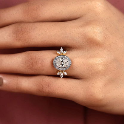 Oval Cut Lab Grown Diamond Halo Engagement Ring | Floral Leaf Halo Bridal Ring | Yellow Gold Nature Inspired Diamond Ring | Unique Luxury Engagement Jewelry