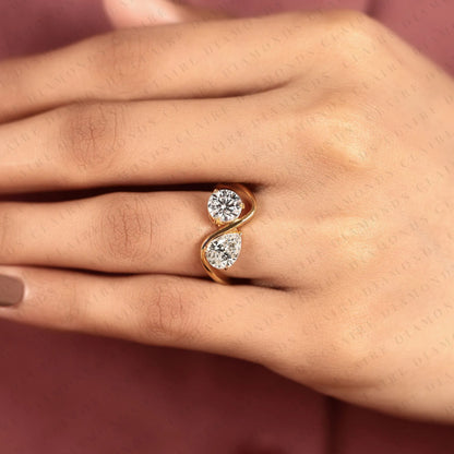 2.05 TCW Round & Pear Cut Toi et Moi Lab Grown Diamond Engagement Ring | Two Stone Bypass Gold Ring | Elegant Modern Bridal Jewelry