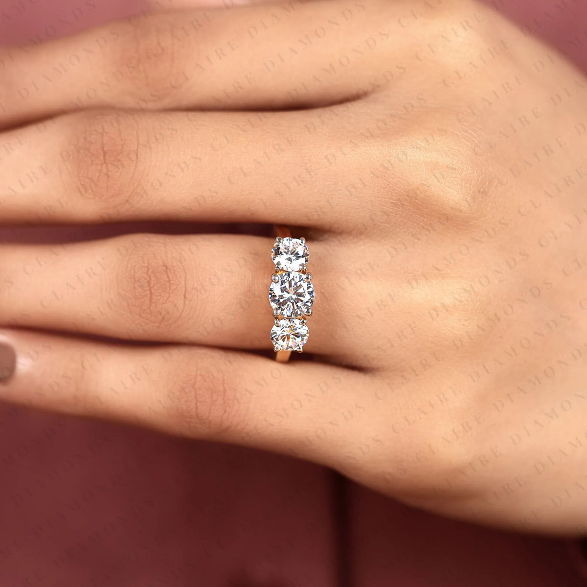 classic round cut lab grown diamond three stone engagement ring | yellow gold bridal ring | elegant wedding jewelry