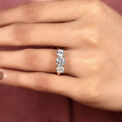 Classic Round Cut Lab Grown Diamond Three Stone Engagement Ring | Yellow Gold Bridal Ring | Elegant Wedding Jewelry