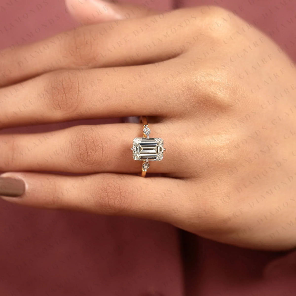 emerald cut lab grown diamond engagement ring, gold solitaire ring with round shaped side accents, modern bridal ring, unique wedding ring