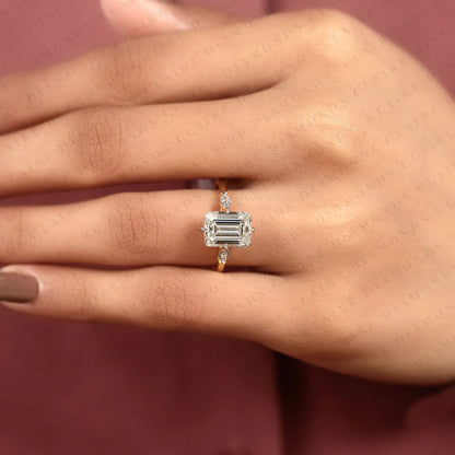 Emerald Cut Lab Grown Diamond Engagement Ring, Gold Solitaire Ring with Round Shaped Side Accents, Modern Bridal Ring, Unique Wedding Ring