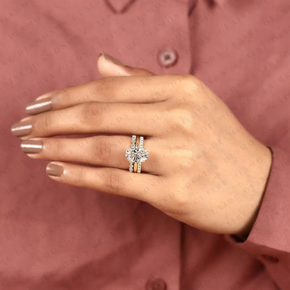 Oval Lab Grown Diamond Engagement Ring Set with Diamond Eternity & Bubble Band in Yellow Gold