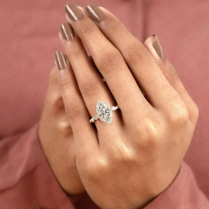Marquise Cut Lab Grown Diamond Halo Engagement Ring Twisted Pavé Diamond Band Ring Vintage Inspired Bridal Ring for Women