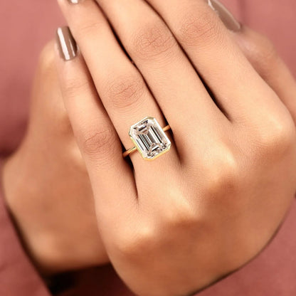 Emerald Cut Moissanite Diamond Engagement Ring, Bezel Set Solitaire Ring, IGI Certified Diamond Ring, Minimalist Gold Wedding Ring