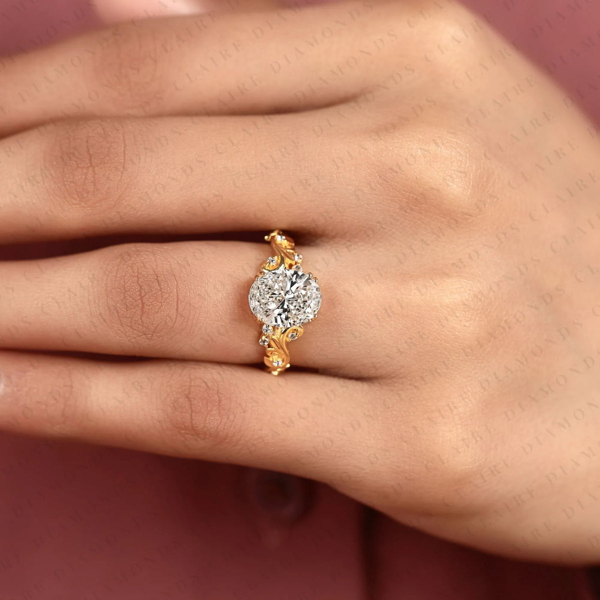 oval cut lab grown diamond engagement ring | nature inspired leaf vine gold ring | botanical vintage bridal jewelry