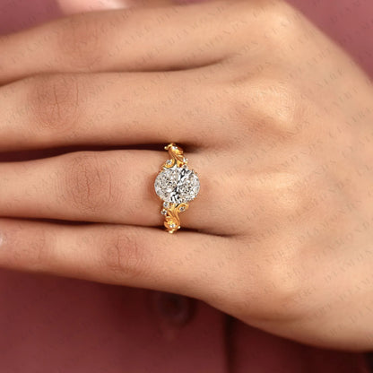 Oval Cut Lab Grown Diamond Engagement Ring | Nature Inspired Leaf Vine Gold Ring | Botanical Vintage Bridal Jewelry