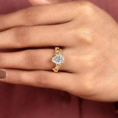 Pear Cut Lab Grown Diamond Engagement Ring, Nature Inspired Vine Band, Yellow Gold Floral Bridal Ring, Unique Wedding Ring for Women
