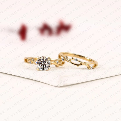 Round Cut Lab Grown Diamond Bridal Ring Set | Yellow Gold Botanical Vine Band | Nature Inspired Floral Bridal Ring | Unique Modern Wedding Jewelry