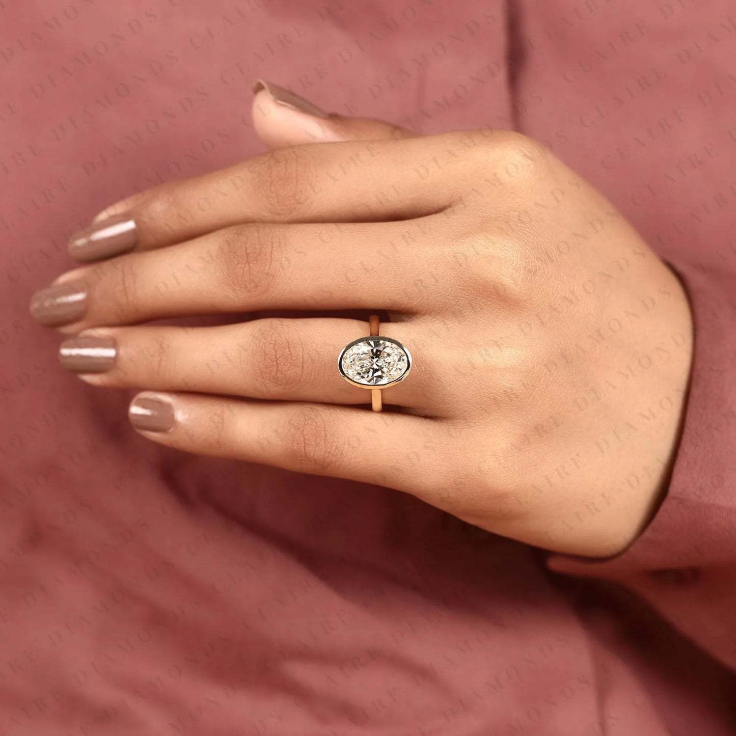 oval lab grown diamond bezel set engagement ring, solitaire gold wedding ring, hidden halo ring, minimalist anniversary ring