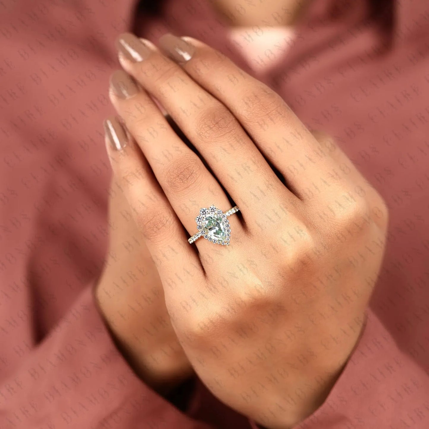 blue pear cut moissanite diamond halo engagement ring vintage inspired pave bridal ring unique anniversary ring for women