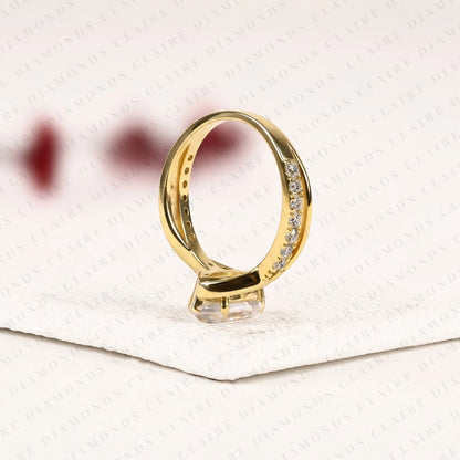 Hexagon Step Cut Lab Grown Diamond Engagement Ring | Yellow Gold Bypass Split Shank Pavé Ring | Modern Geometric Bridal Jewelry | Unique Statement Ring