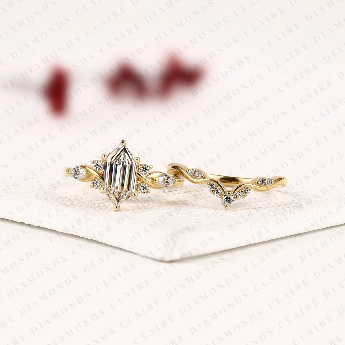 hexagon step cut lab grown diamond engagement ring | yellow gold botanical vine band | floral bridal ring set | unique wedding jewelry