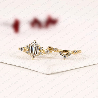 Hexagon Step Cut Lab Grown Diamond Engagement Ring | Yellow Gold Botanical Vine Band | Floral Bridal Ring Set | Unique Wedding Jewelry