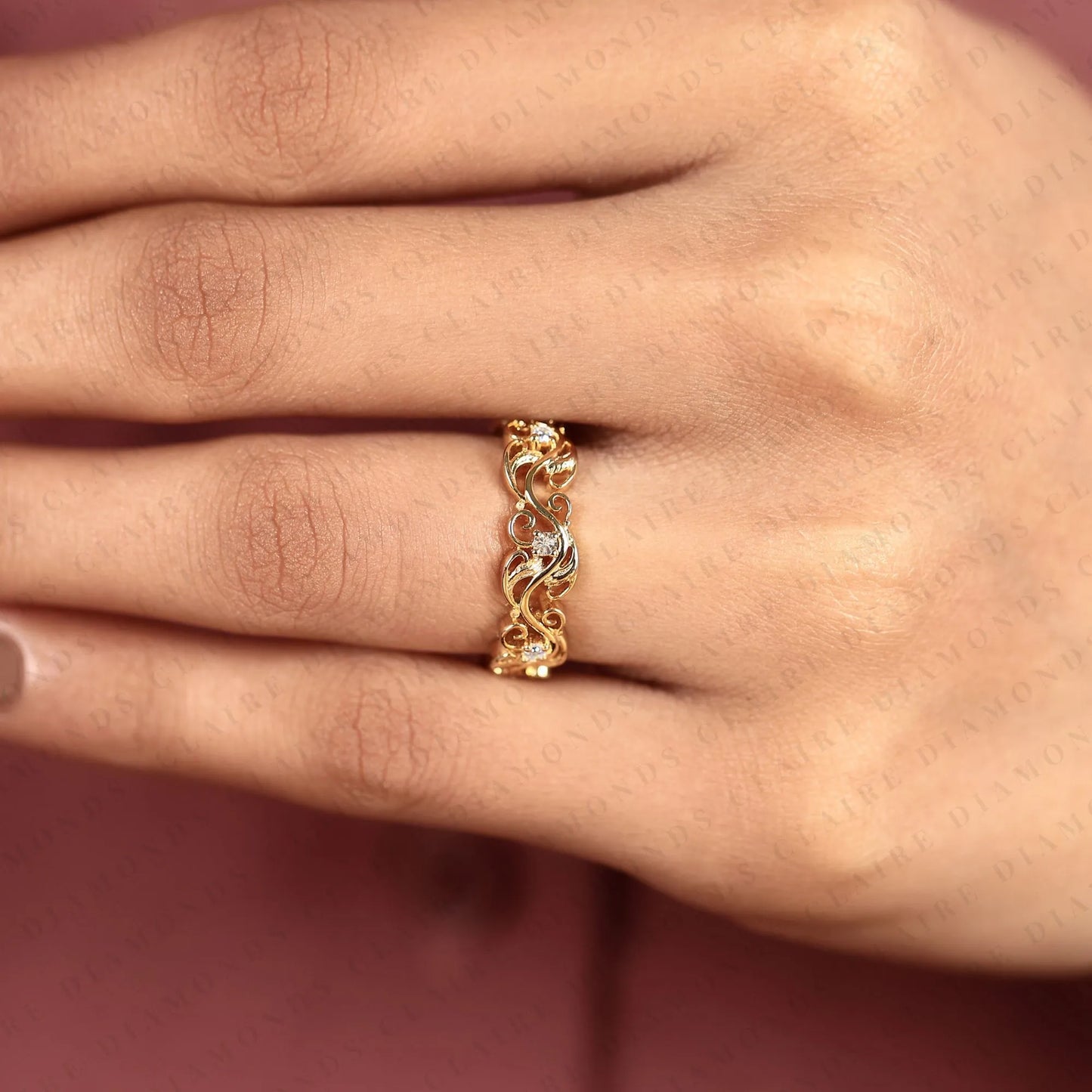 0.26 tcw nature inspired round cut lab grown diamond eternity band, floral scroll diamond wedding ring, yellow gold botanical anniversary ring