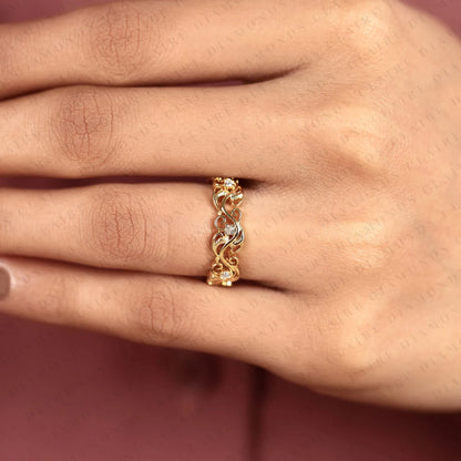 0.26 TCW Nature Inspired Round Cut Lab Grown Diamond Eternity Band, Floral Scroll Diamond Wedding Ring, Yellow Gold Botanical Anniversary Ring