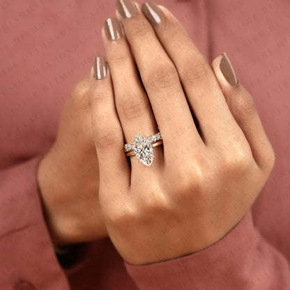 Marquise Cut Lab Grwon Diamond Engagement Ring Set with Eternity Wedding Band in 14K Yellow Gold