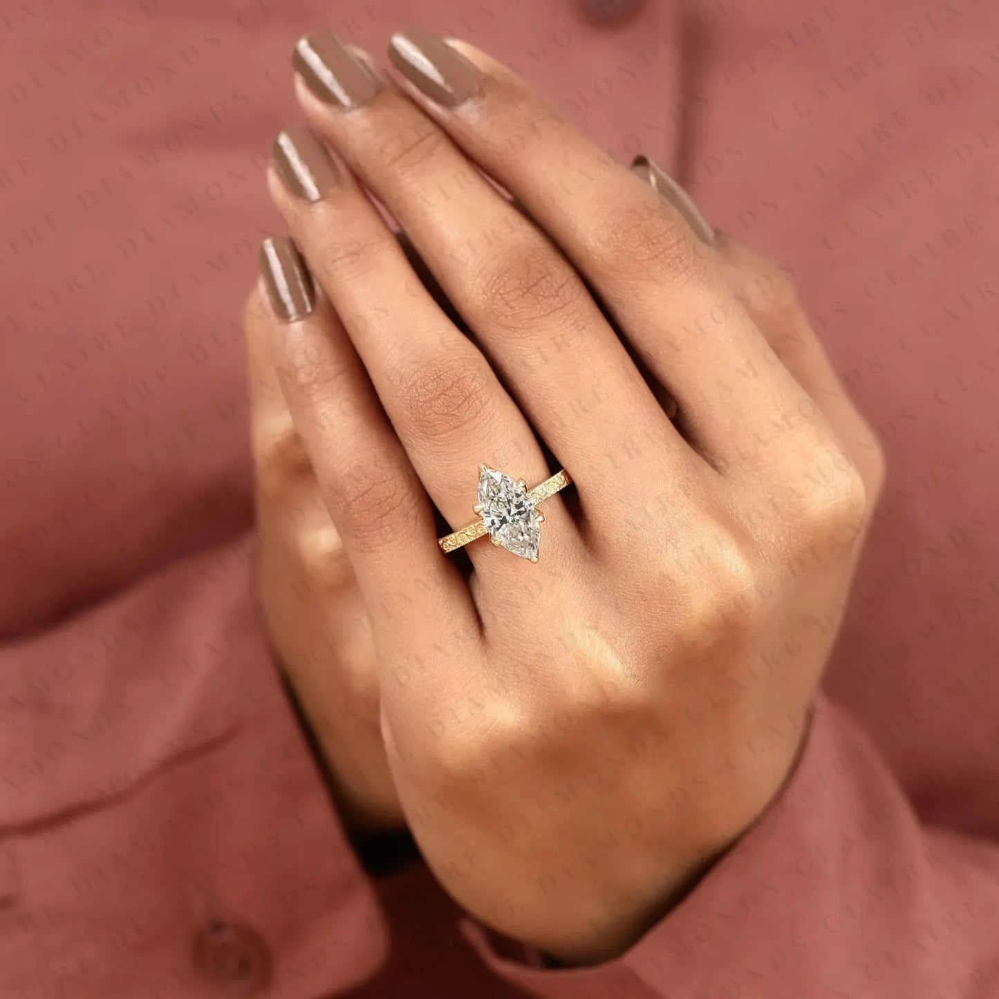 marquise cut lab grown diamond engagement ring, vintage engraved gold solitaire ring, igi certified diamond ring, unique bridal jewelry