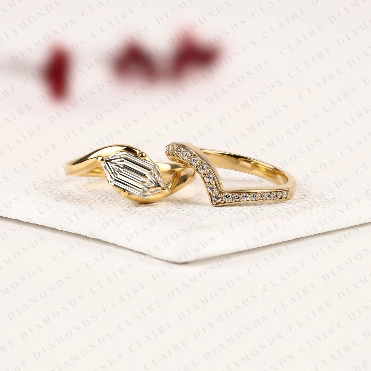 east-west hexagon cut lab grown diamond engagement ring | yellow gold bypass pavé band | geometric modern bridal ring set | unique statement jewelry