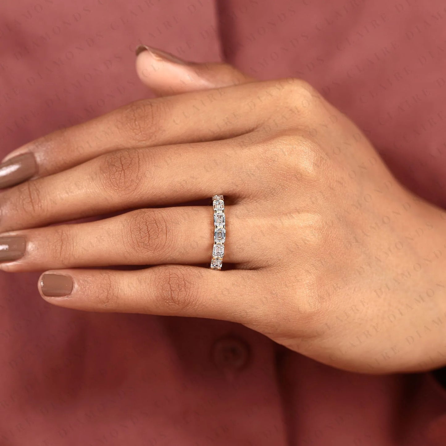 2.25 tcw emerald cut lab grown diamond eternity wedding band | stackable full eternity anniversary ring for women