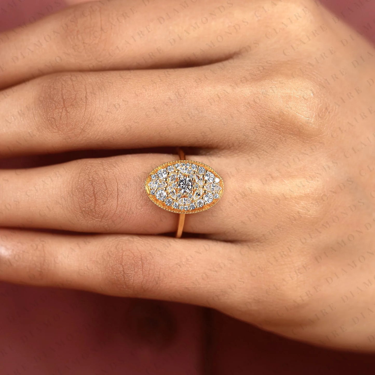 lab grown diamond floral cluster ring | intricate botanical pave engagement ring in yellow gold | unique luxury bridal statement ring