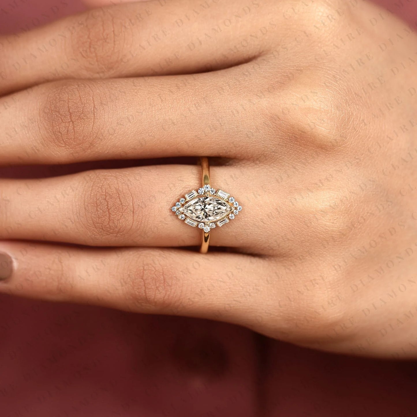 marquise cut moissanite diamond engagement ring floral halo gold vintage inspired wedding ring