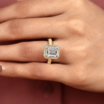 Emerald Cut Moissanite Diamond Halo Engagement Ring, Double Pavé Halo Yellow Gold Bridal Ring, Luxury Statement Ring