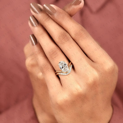 Curved Chevron Wedding Band Set with Elongated Oval Cut Lab Grown Diamond Ring | Vintage V-Shaped Bridal Set | Unique Anniversary Ring for Women