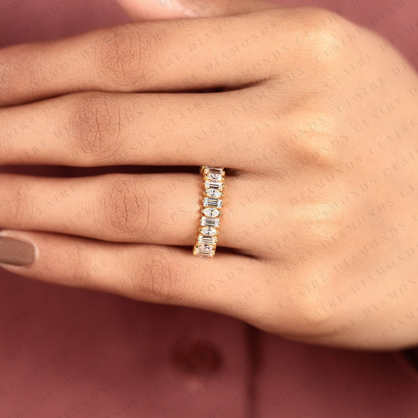 1.76 tcw alternating marquise & baguette cut lab grown diamond eternity band, yellow gold full eternity wedding ring, modern geometric anniversary band