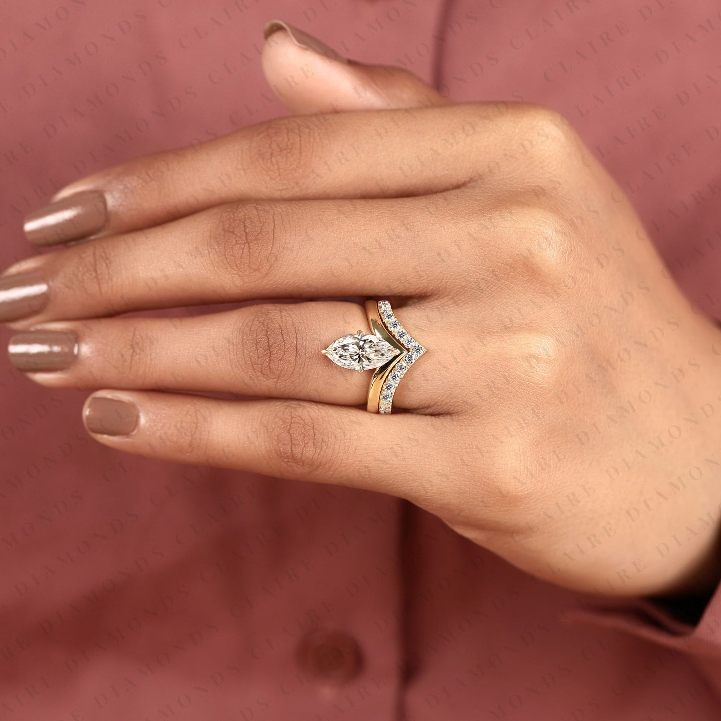 marquise cut lab grown diamond chevron bridal ring set in gold, curved band, yellow gold ring, engagement ring for women