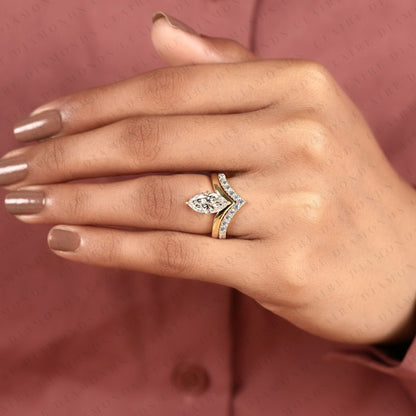 Marquise Cut Lab Grown Diamond Chevron Bridal Ring Set in Gold, Curved Band, Yellow Gold Ring, Engagement Ring for Women