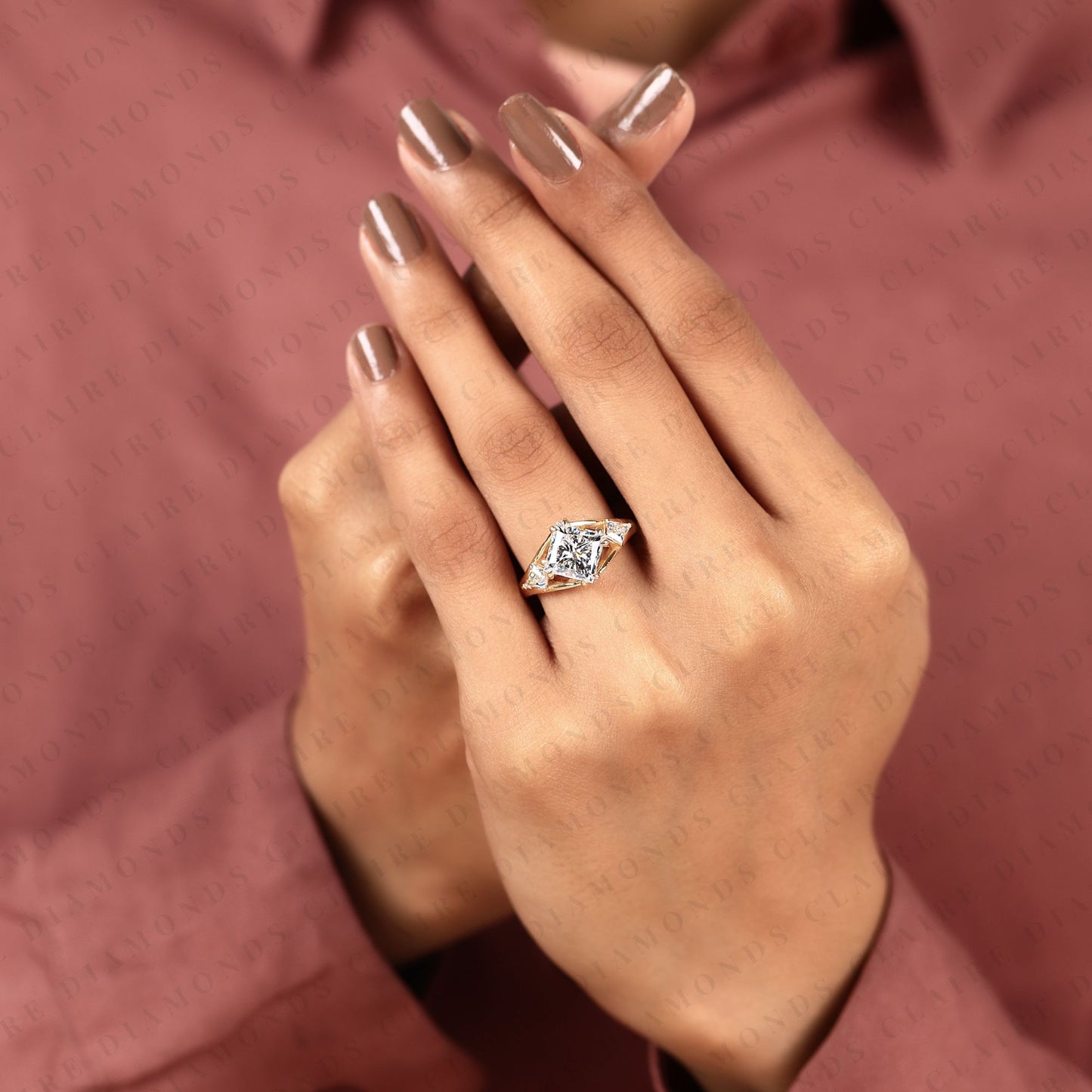 princess cut moissanite diamond three stone engagement ring with kite side stones in gold
