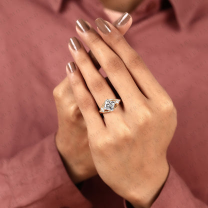 Princess Cut Moissanite Diamond Three Stone Engagement Ring with Kite Side Stones in Gold