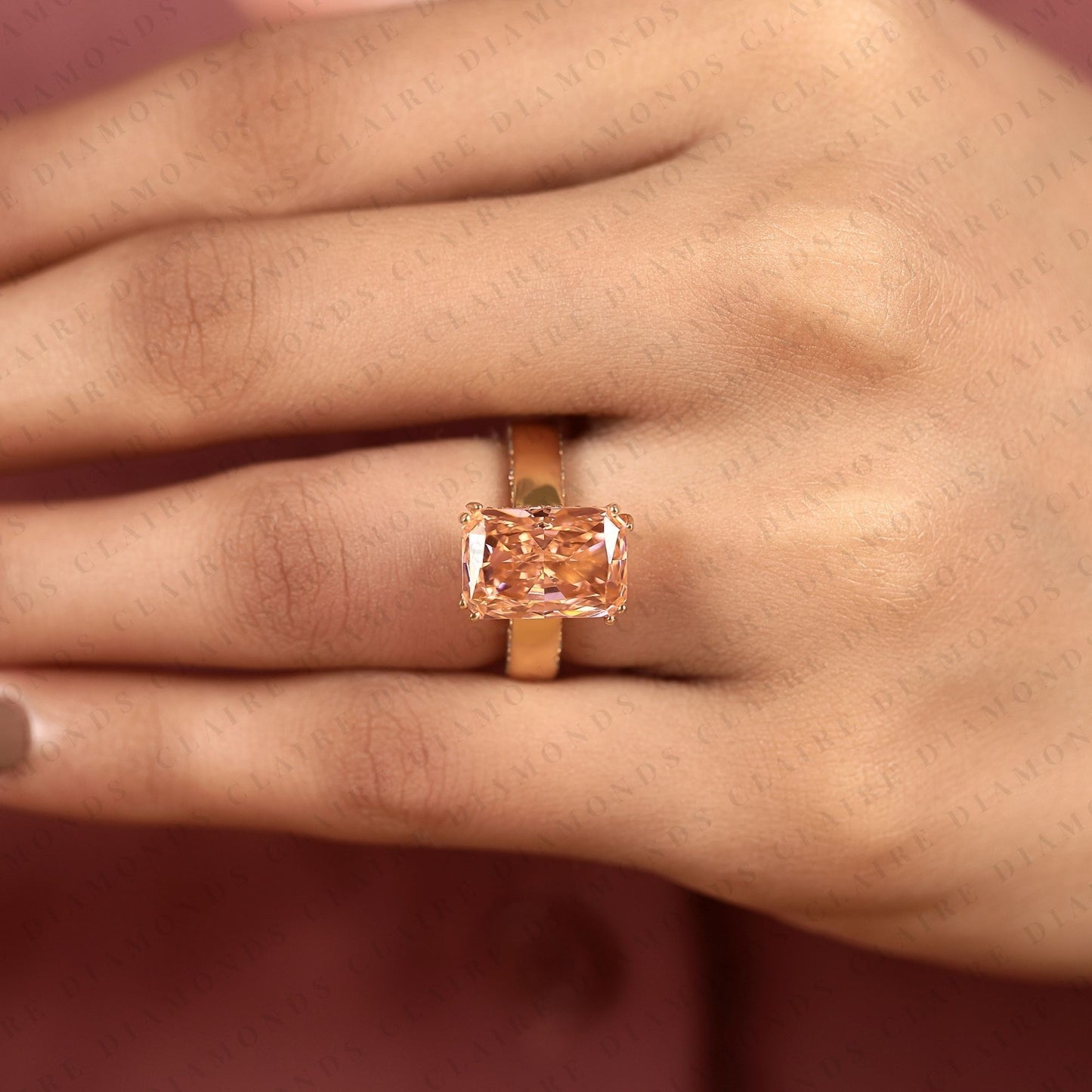 radiant cut pink moissanite diamond engagement ring, yellow gold pave band, unique wedding ring for women