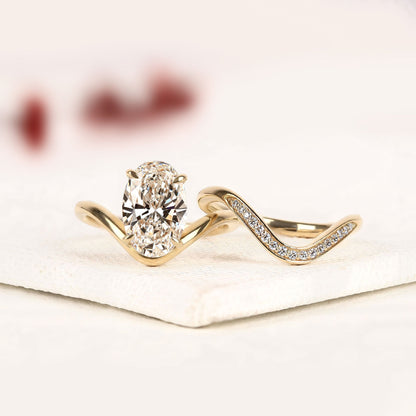 Curved Chevron Wedding Band Set with Elongated Oval Cut Moissanite Diamond Ring | Vintage V-Shaped Bridal Set | Unique Anniversary Ring for Women