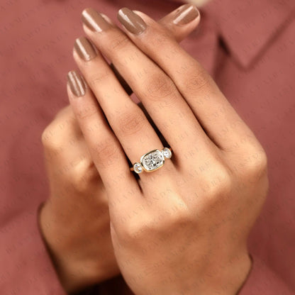 Elongated Cushion Cut Bezel Set Three Stone Lab Grown Diamond Engagement Ring Modern Gold Ring Minimalist Bridal Jewelry.