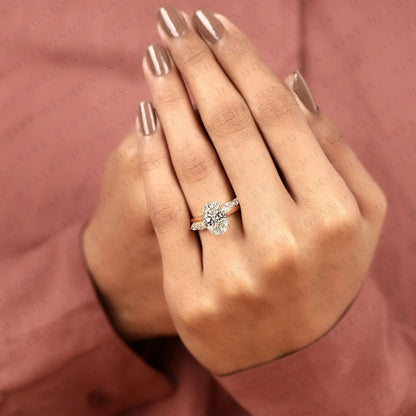 Nature Inspired Oval Cut Lab Grown Diamond Engagement Ring Side Stone Marquise Wedding Ring