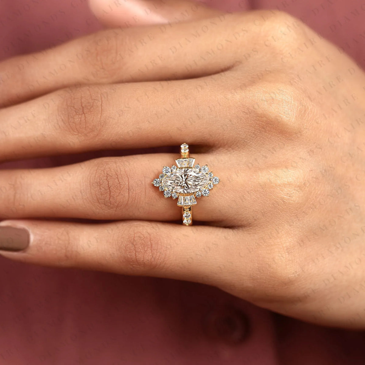 marquise cut moissanite diamond engagement ring floral halo with baguette accents yellow gold vintage inspired bridal ring