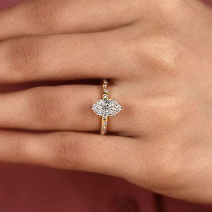 Dutch Marquise Cut Lab Grown Diamond Engagement Ring Modern Solitaire Bridal Ring with Round Diamond Accents Unique Wedding Jewelry