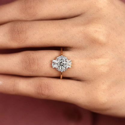Round Cut Lab Grown Diamond Halo Engagement Ring Baguette Accent Vintage Inspired Bridal Ring Unique Luxury Jewelry