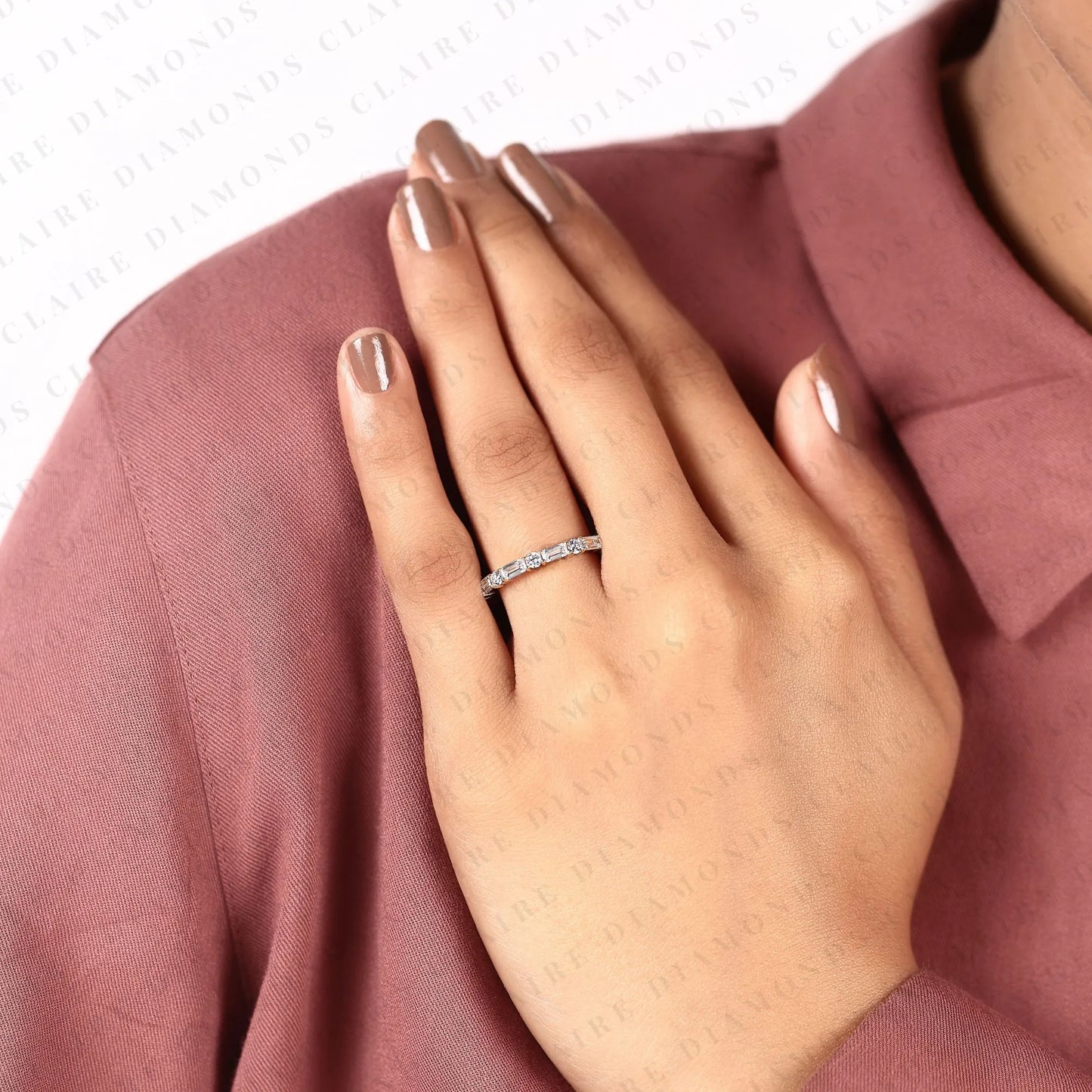 1.50 tcw baguette & round moissanite diamond eternity band in gold - stackable wedding band.