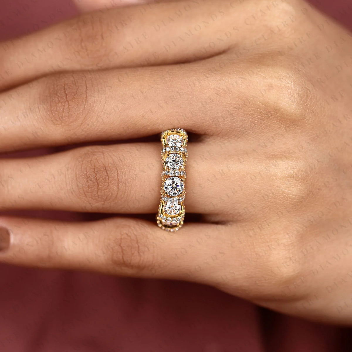 3.35 tcw round cut lab grown diamond band luxury vintage ornate gold band multi stone wedding band elegant anniversary jewelry