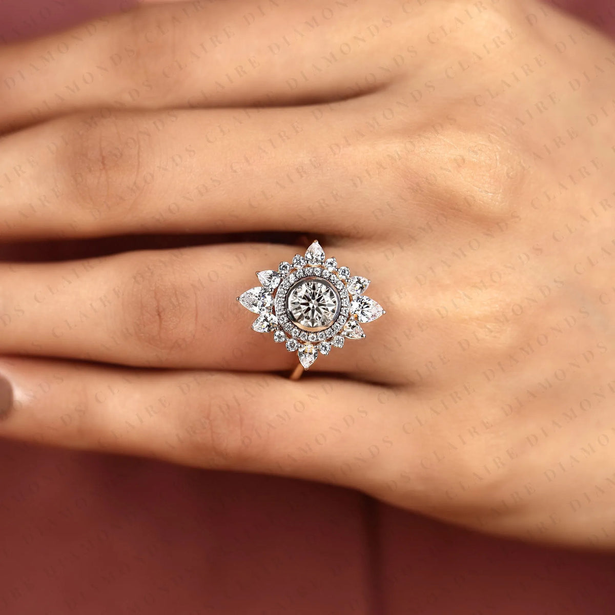 round cut lab grown diamond halo engagement ring floral sunburst design with pear diamond accents in gold