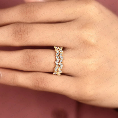 1.50 TCW Marquise & Round Cut Moissanite Diamond Nature Inspired Gold Band Ring Half Eternity Wedding Band